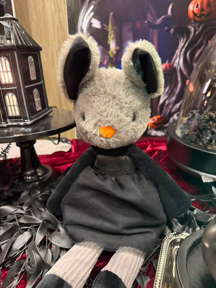 Midnight the Bat Scentsy Buddy wearing a black cape from the Halloween Collection.