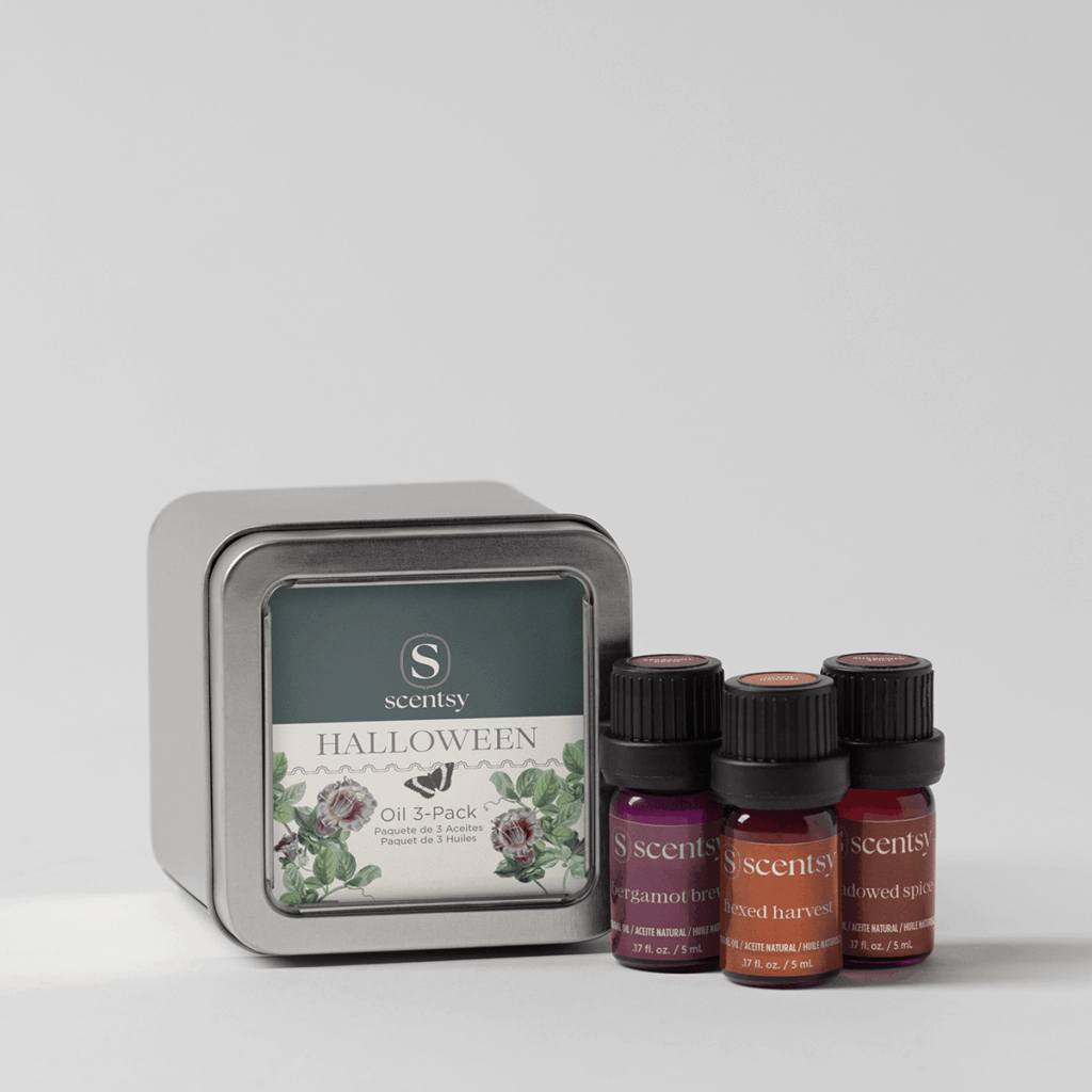 Scentsy Halloween Oil Trio featuring Bergamot Breeze, Hexed Harvest, and Shadowed Spice essential oils.