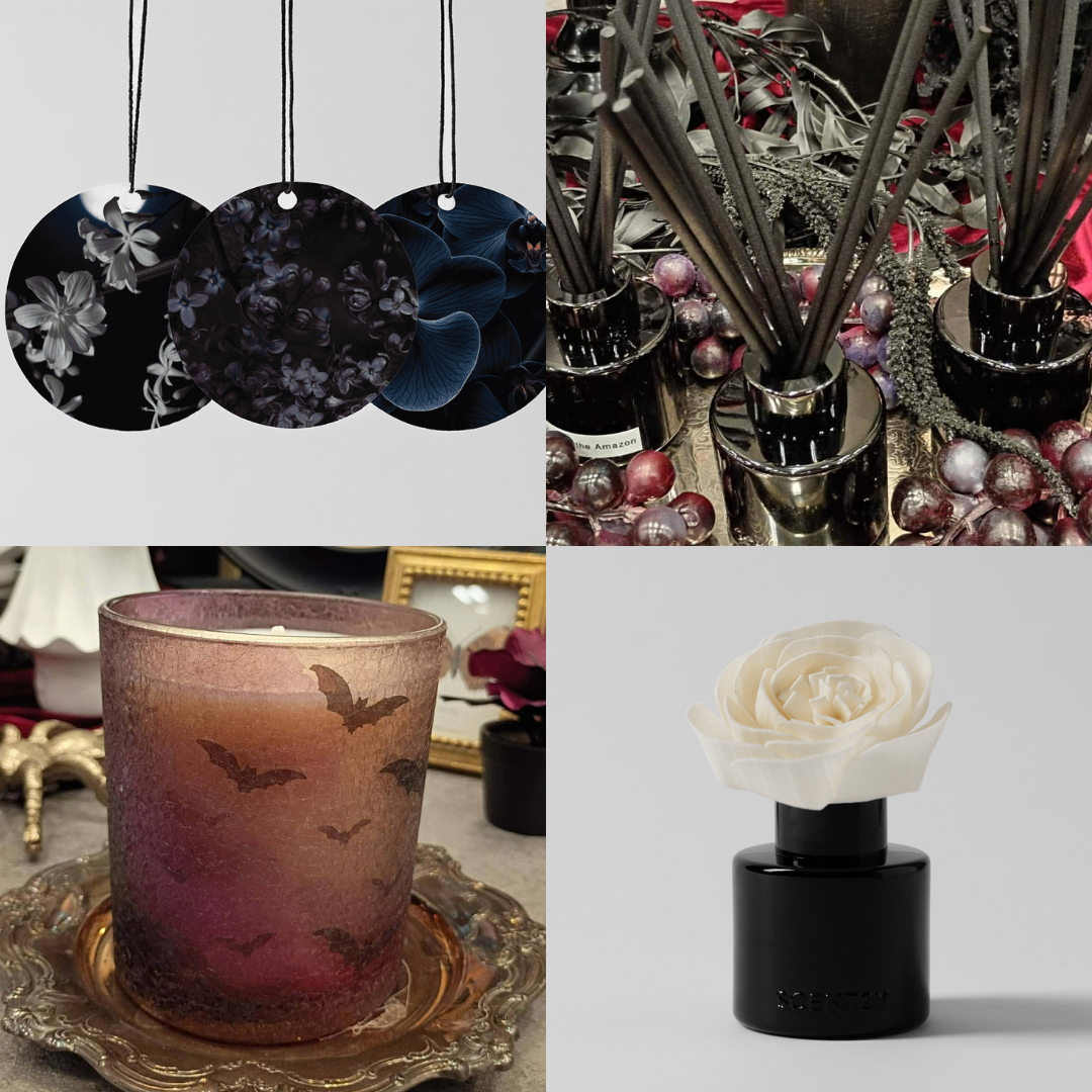 Collage of Scentsy Halloween home fragrance products from the September Edit including the Black Luna candle, reed diffusers, fragrance flower, and Halloween scent circles.
