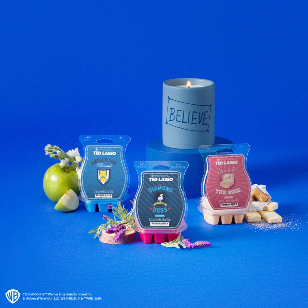 Ted Lasso Scentsy Collection featuring wax bars, Believe scented candle, and limited-edition fragrances inspired by the hit TV series.