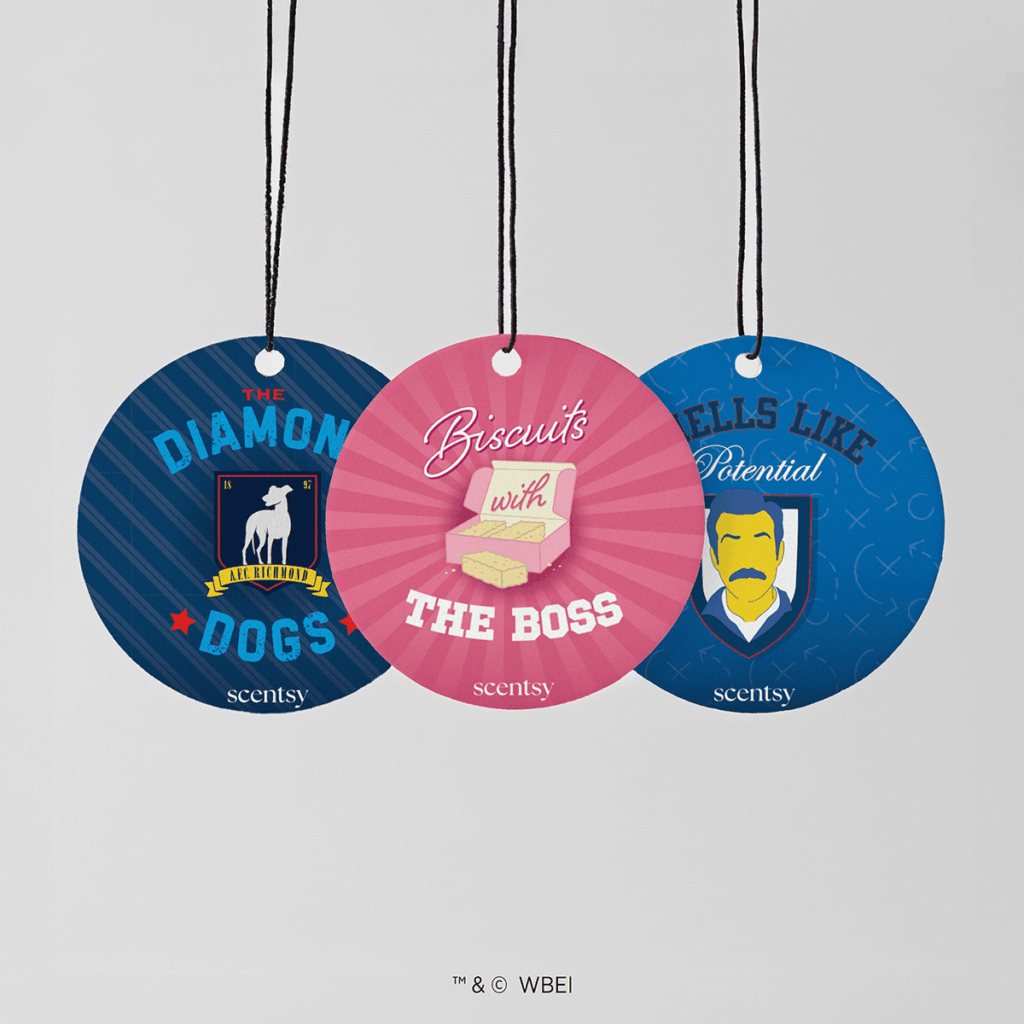 Ted Lasso Scentsy Scent Circle Bundle featuring Biscuits with the Boss, Smells Like Potential, and The Diamond Dogs fragrances.