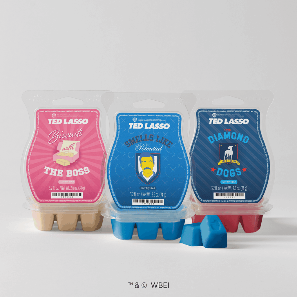Ted Lasso Scentsy Wax Collection featuring Biscuits with the Boss, Smells Like Potential, and The Diamond Dogs wax bars.
