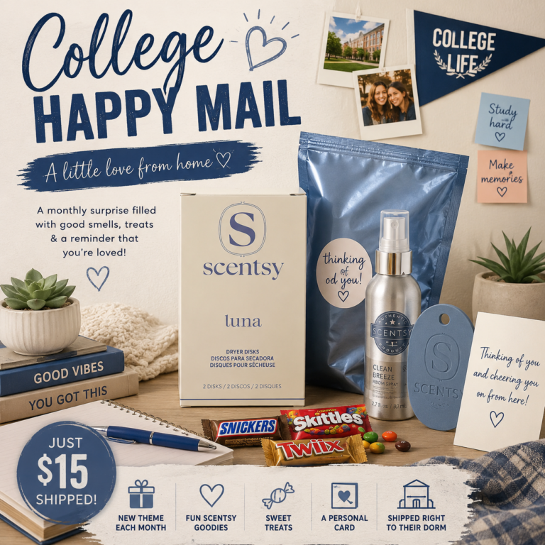 College Happy Mail care package with Scentsy products and treats