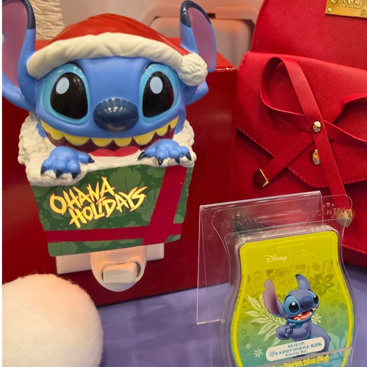 Disney Stitch Unleash the Holidays Scentsy Collection featuring the Stitch holiday mini warmer and scented wax bar