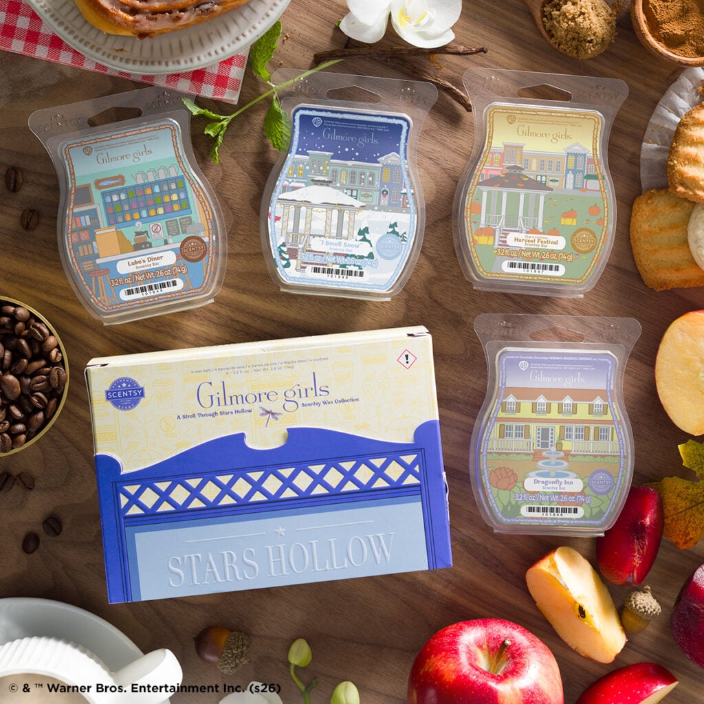 Gilmore Girls A Stroll Through Stars Hollow Scentsy Wax Collection featuring four wax bars inspired by Luke's Diner, the Dragonfly Inn and Stars Hollow.