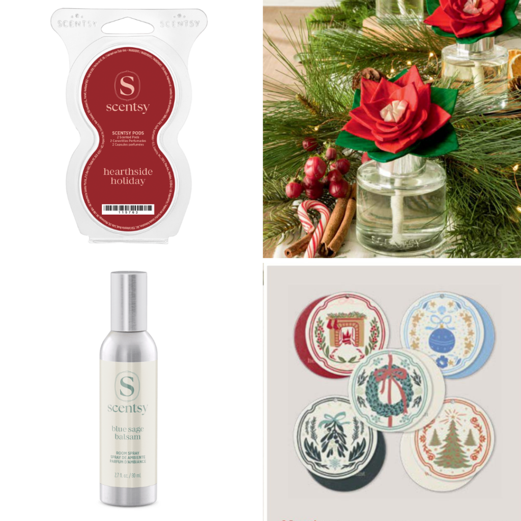 Scentsy 2026 Holiday Collection fragrance products available in Scentsy Pods, Room Spray, Fragrance Flower and a five-pack of Scent Circles.