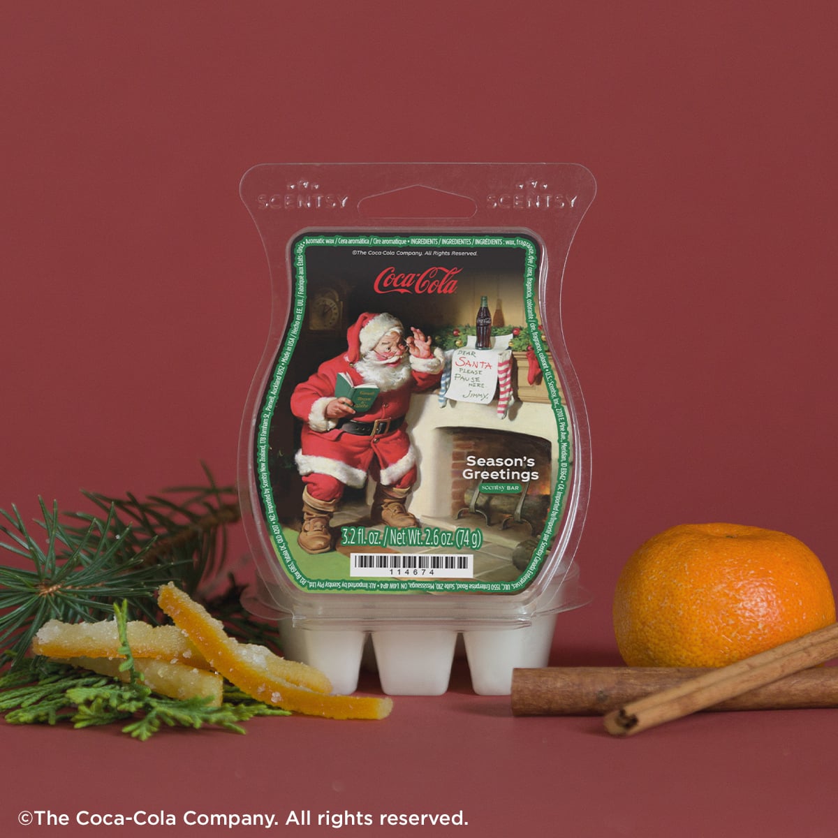 Coca-Cola Season's Greetings Scentsy Bar featuring a vintage Santa design with holiday greenery, orange and cinnamon.