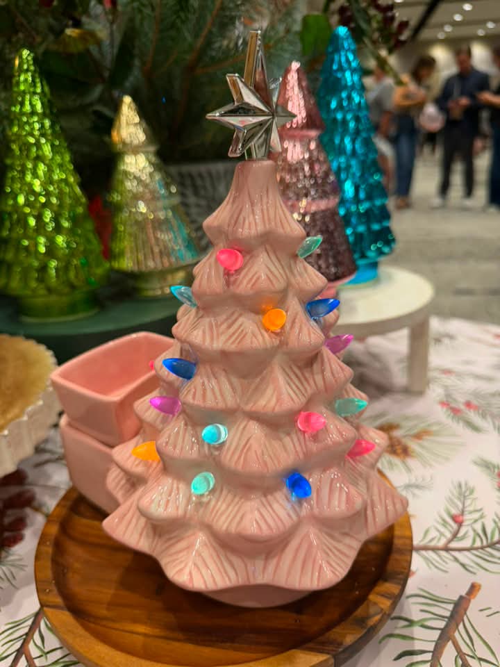 Scentsy Merry Little Christmas Pink Warmer shaped like a pink ceramic Christmas tree with colorful lights and a silver star.