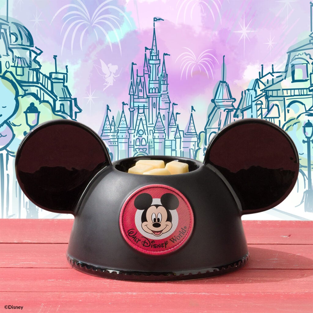 Walt Disney World Embroidered Mickey Ears Scentsy Warmer with black Mickey ears and Walt Disney World patch.