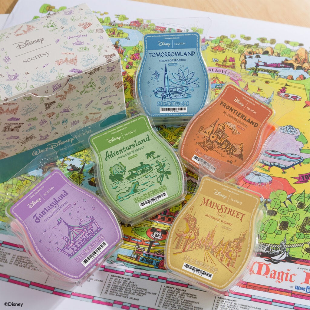 Walt Disney World Scentsy Wax Collection featuring Adventureland, Frontierland, Main Street U.S.A., Tomorrowland and Fantasyland wax bars.