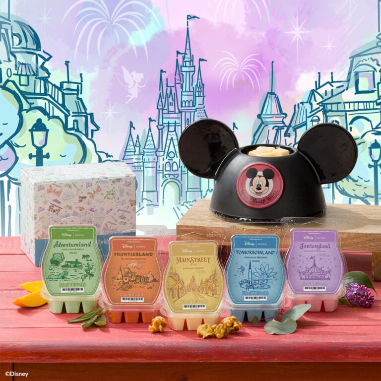 Walt Disney World Scentsy Wax Collection with five Disney Parks-inspired wax bars and the Embroidered Mickey Ears Scentsy Warmer.