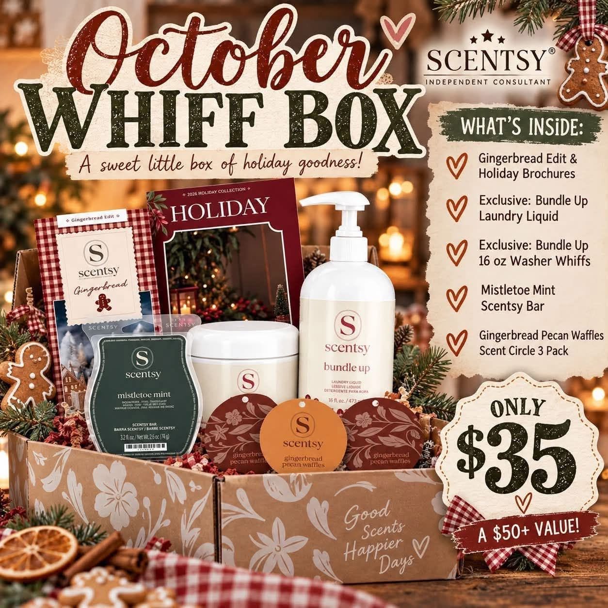 Oct 2026 scentsy whiffbox. The theme is The Great Indoors. With box exclusive Bundle Up Laundry Liqud and Whiffs