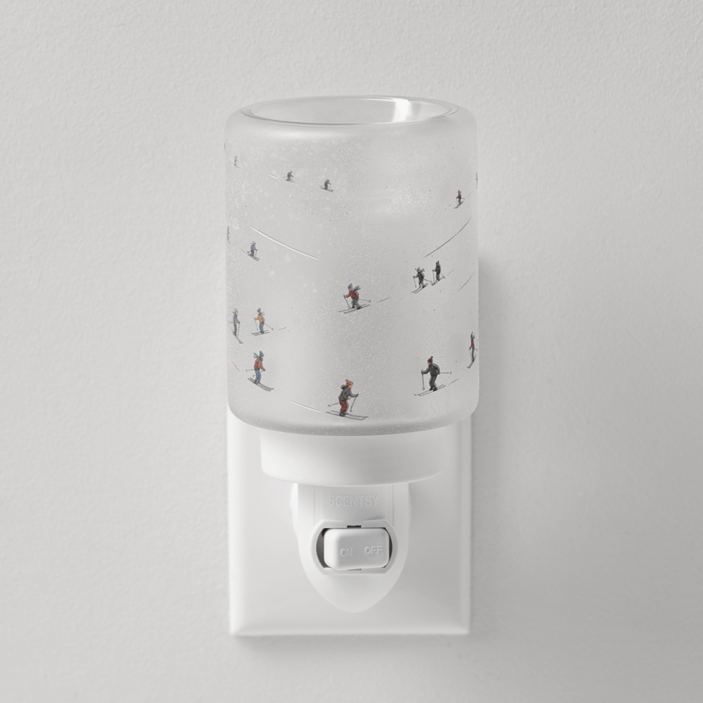 Powder Day Scentsy Mini Warmer featuring a frosted white shade decorated with tiny skiers on snowy slopes.