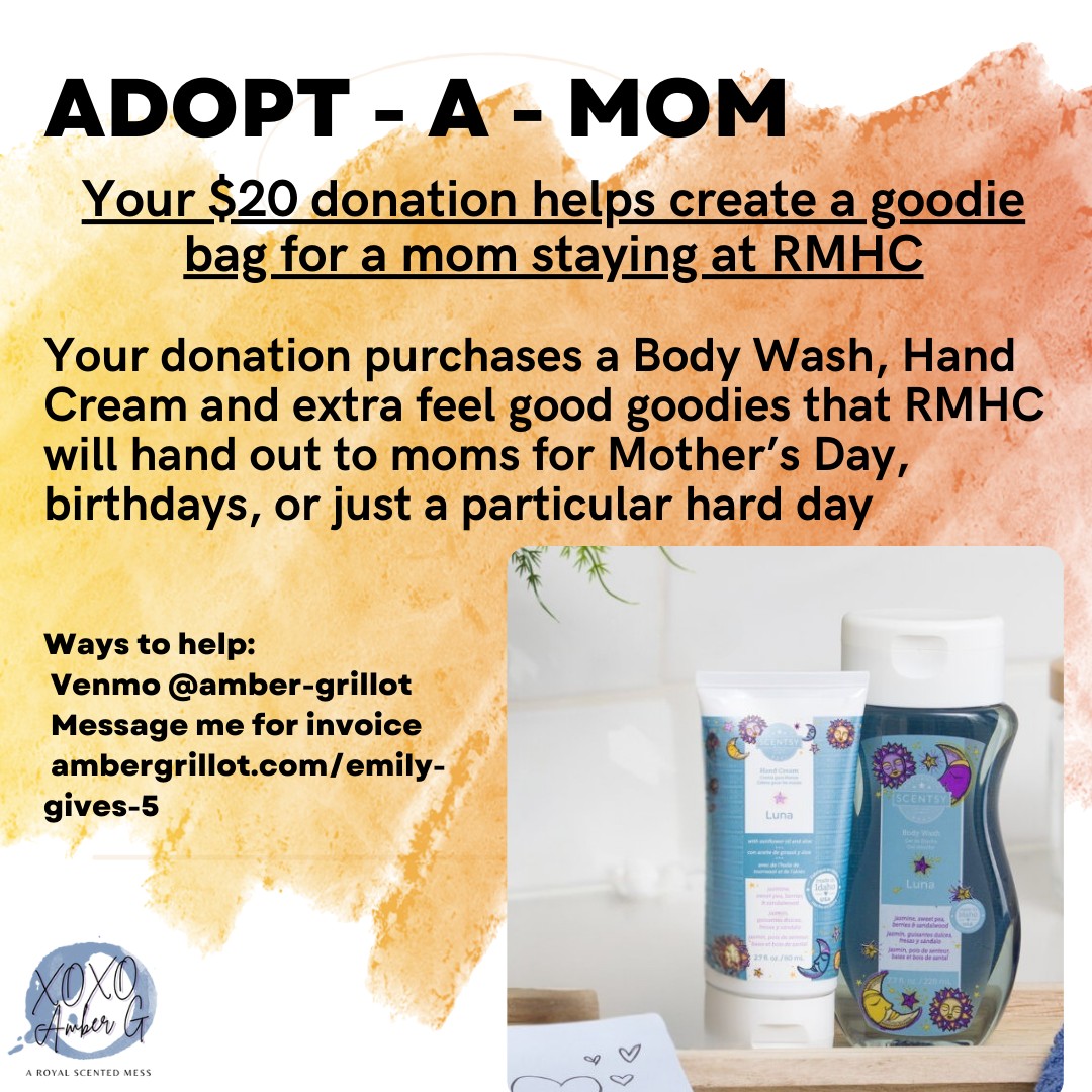 Adopt-a-Mom is officially live 💛
A $20 donation helps create a small goodie bag for a mom staying at Ronald McDonald House  body wash, hand cream, and a few extra feel-good items.

These are given out on Mother’s Day, birthdays, or just really hard days.

If you’d like to help, all the info is here:
👉 ambergrillot.com/emily-gives-5