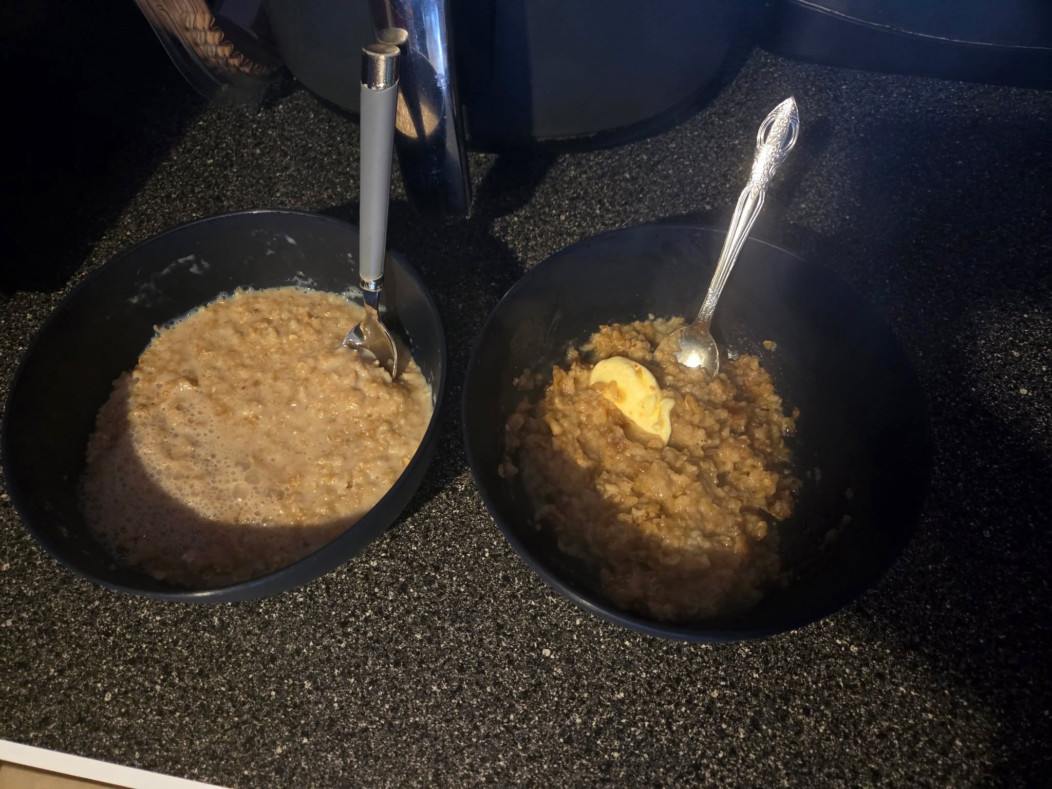 How do you take your oatmeal?
Jeremy is brown sugar & cinnamon,  milk, runny
Im apple cinnamon, water, scoop of butter, not super runny.