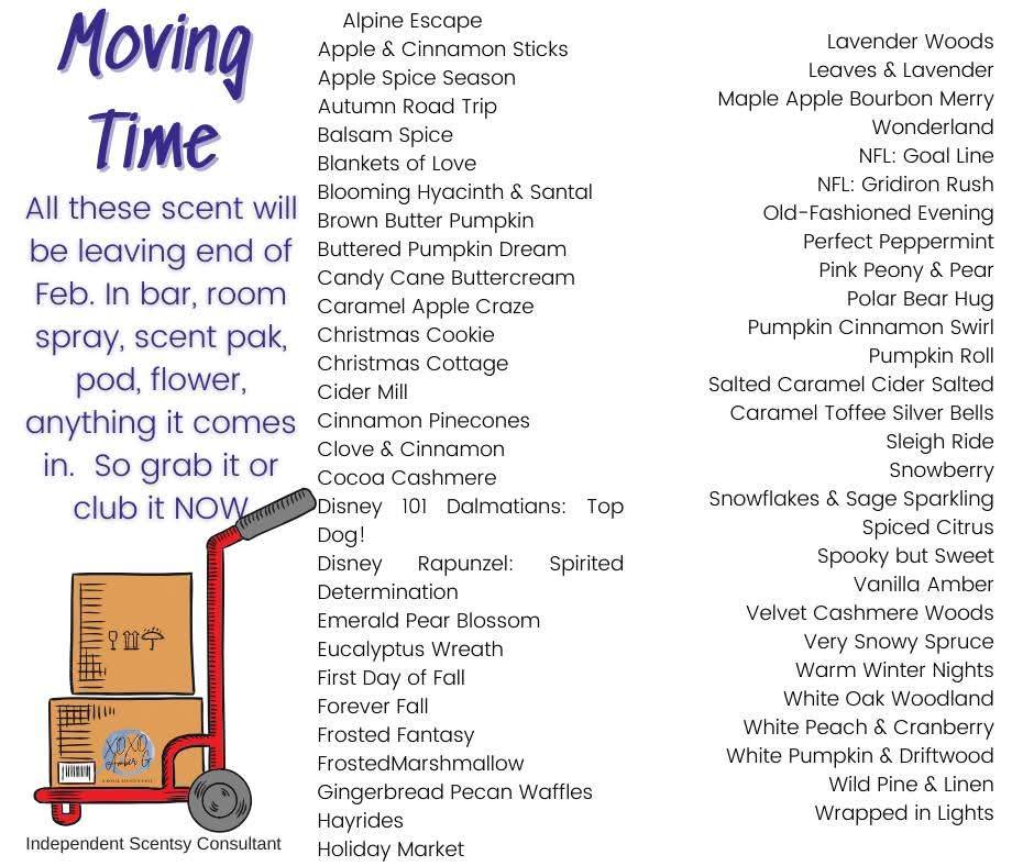 Listen up friends! 
Yep, I'm talking to you.
There are a booty ton of scents leaving. 
Half a booty ton of warmers leaving too.

So you have options.
1. Stock up on things you like. Grab the warmers you love. 
2. Club the bars you love so you get them forever and ever
3. Ignore me, then cry when next fall it doesn't come back. Then in my head I say..see you should of listened and clubed. 

But seriously,  look over the list, get what you need, club what you love, support the fundraiser,  save 10%, don't have a stinky house or life. It is simple. It is all a win! 

Link to shop fundraiser in the comments
