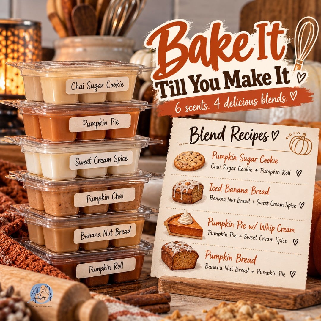 Welcome to Scent-tober.
I made that up, and we are doing fun stuff in the VIP group...but of course im going to share a few with them. 

I put together 6 fall scents in a fun Bake It Till You Make It bundle and then started playing with what happens when you mix them.
And now we have...
Pumpkin Sugar Cookie
Iced Banana Bread
Pumpkin Pie with Whip Cream
Pumpkin Bread

Now the important question...
Which one are you making first?
I'm going with Pumpkin Pie with Whip Cream